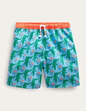 Swim Shorts-Aqua Crocodile Woodblock