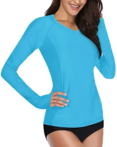 Teen Girls & Juniors 2 Piece Long Sleeve Rash Guard For Women-Aqua And Black