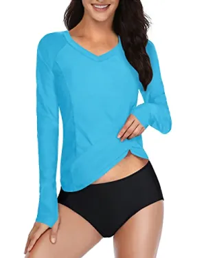 Teen Girls & Juniors 2 Piece Long Sleeve Rash Guard For Women-Aqua And Black