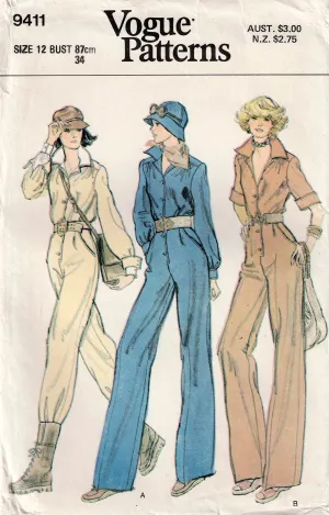 Vogue 9411 Womens Gathered Shoulder Wide Collar Jumpsuit 1970s Vintage Sewing Pattern Size 12 Bust 34 Inches UNCUT Factory Folded