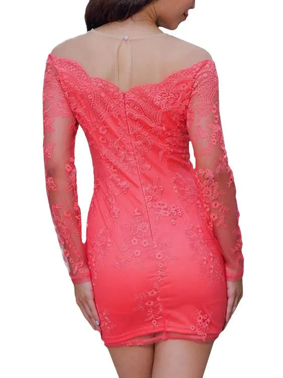 Wholesale Orange Round Neck Long Sleeve Embroidered Lace Hollow Mini Dress