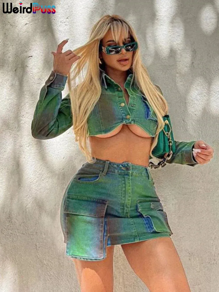 Women  Set Single-Breasted Crop Tops Side Pockets Mini Skirt Streetwear