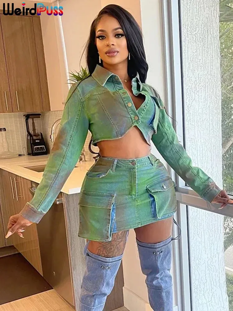Women  Set Single-Breasted Crop Tops Side Pockets Mini Skirt Streetwear
