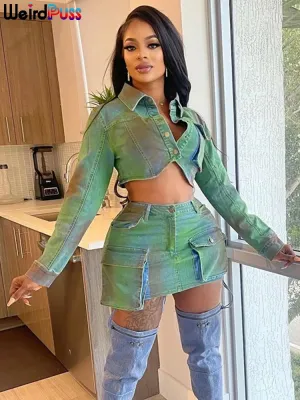 Women  Set Single-Breasted Crop Tops Side Pockets Mini Skirt Streetwear