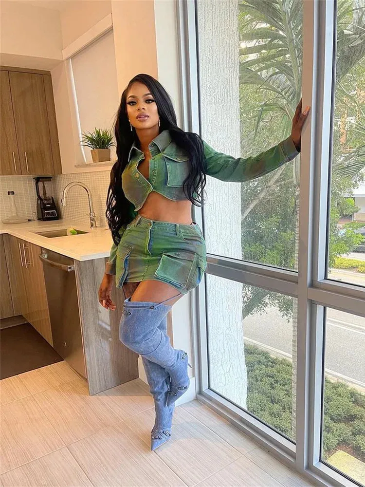 Women  Set Single-Breasted Crop Tops Side Pockets Mini Skirt Streetwear