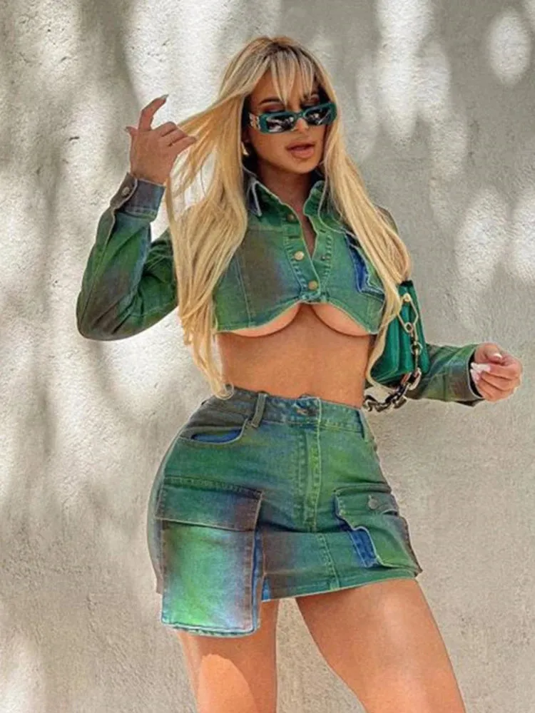 Women  Set Single-Breasted Crop Tops Side Pockets Mini Skirt Streetwear