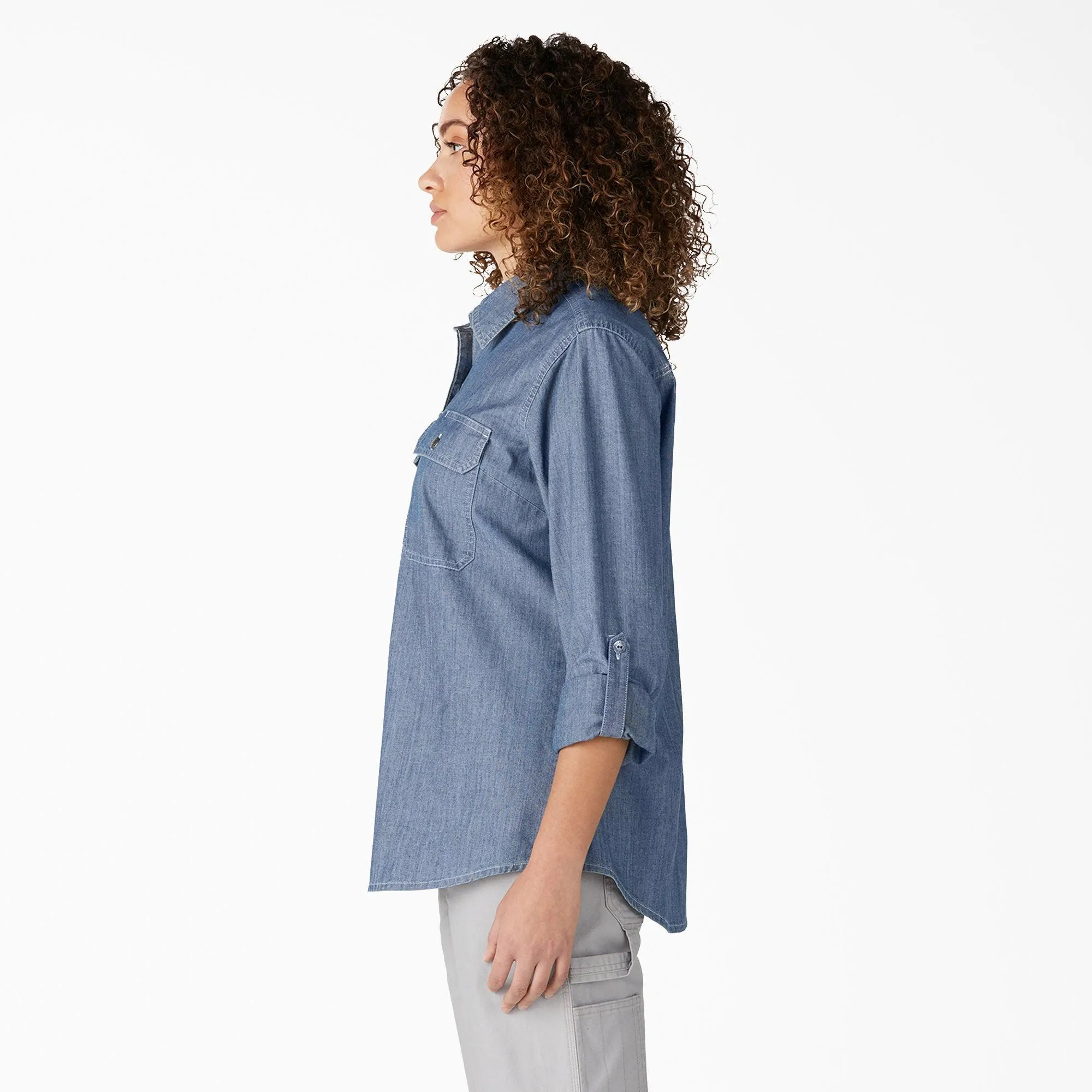 Women’s Chambray Roll-Tab Work Shirt, Stonewashed Light Blue