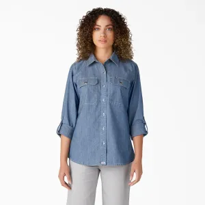 Women’s Chambray Roll-Tab Work Shirt, Stonewashed Light Blue