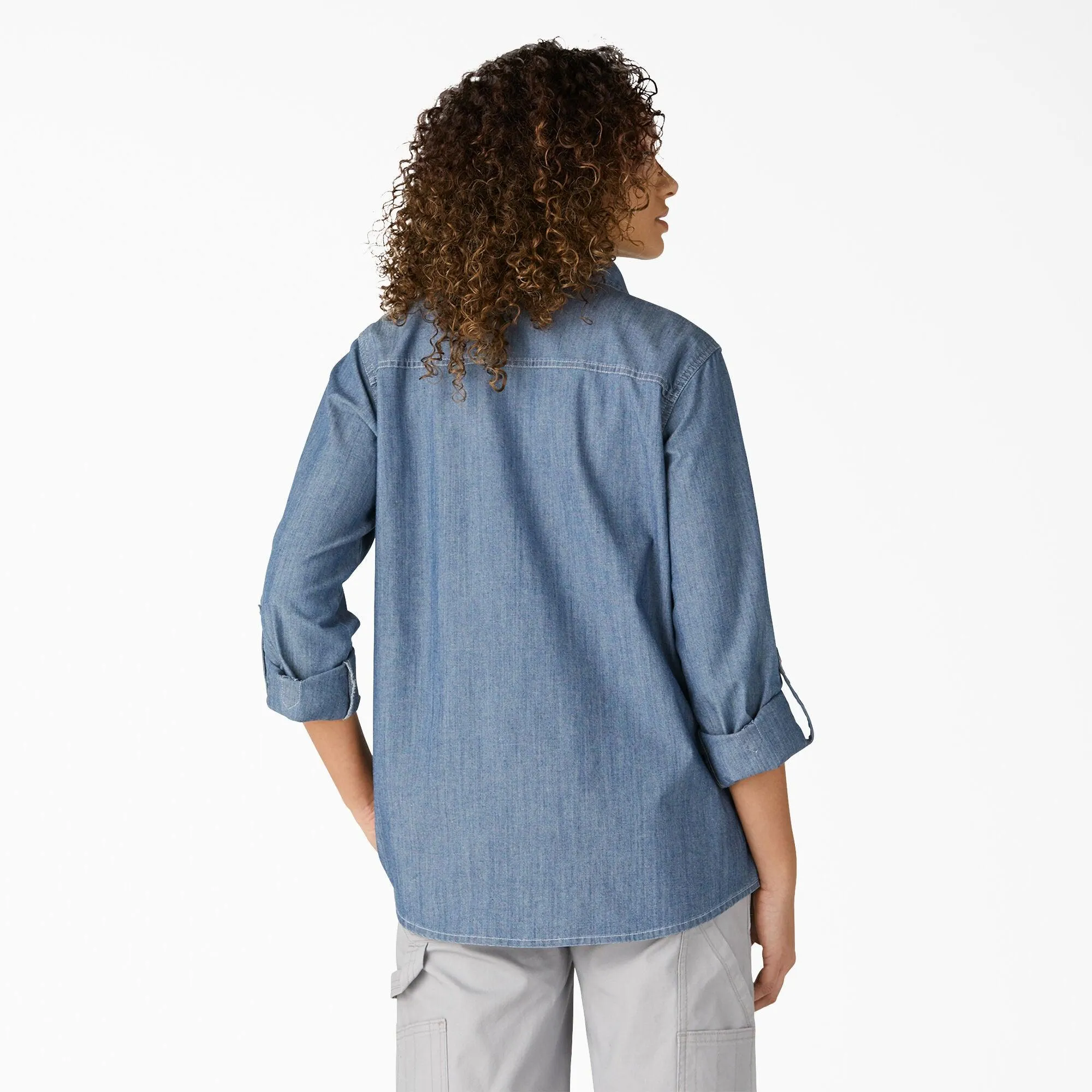 Women’s Chambray Roll-Tab Work Shirt, Stonewashed Light Blue