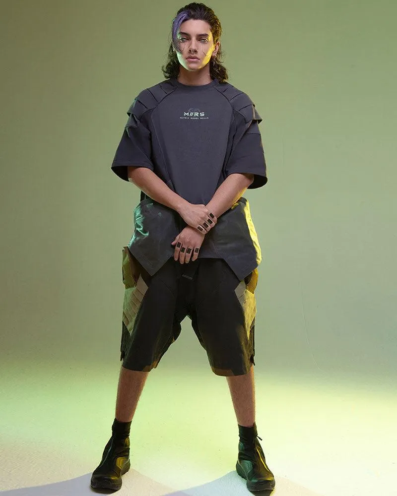 XIPHEVIL Fist Power Cyberpunk Washed Denim Cargo Shorts