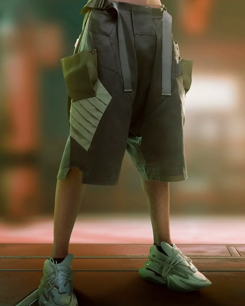 XIPHEVIL Fist Power Cyberpunk Washed Denim Cargo Shorts