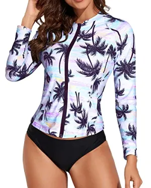 Zip Front Womens Swim Shirt Upf 50  Rashguard Long Sleeve-Black And White